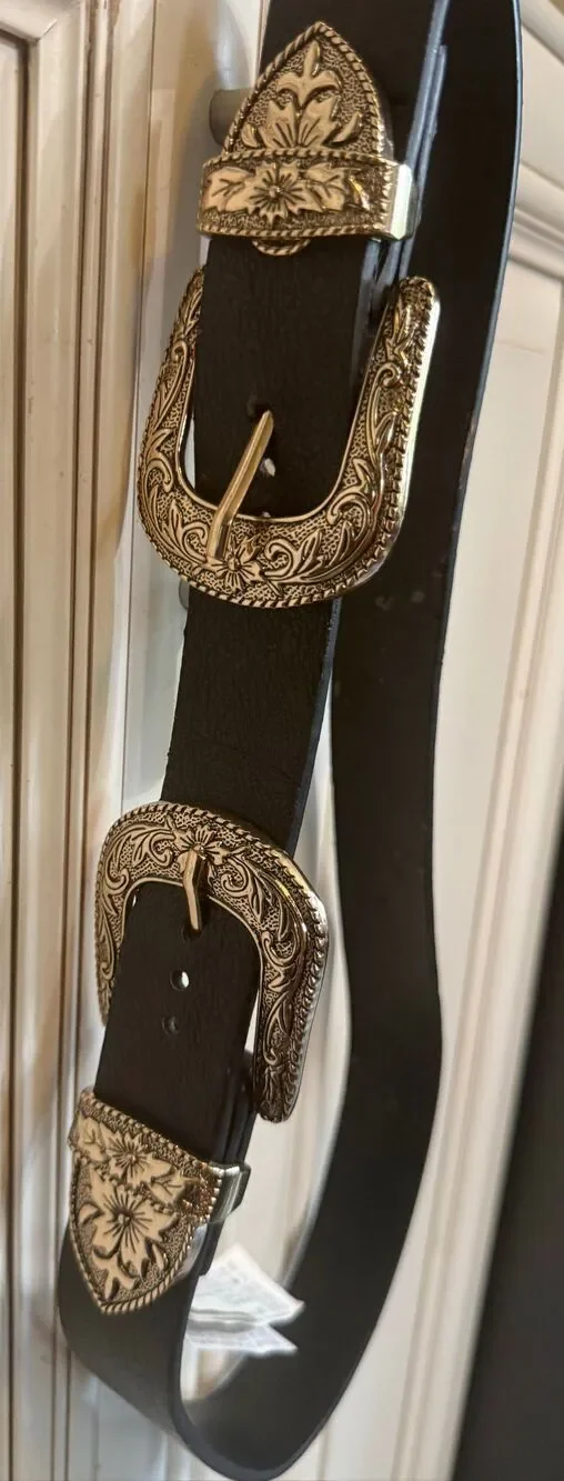 Western Equestrian Women's Beautiful Statement Double Buckle Black Suede Belt